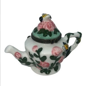 HAND PAINTED CERAMIC HINGED TEA POT TRINKET BOX WITH BEES AND PINK ROSE FLOWERS